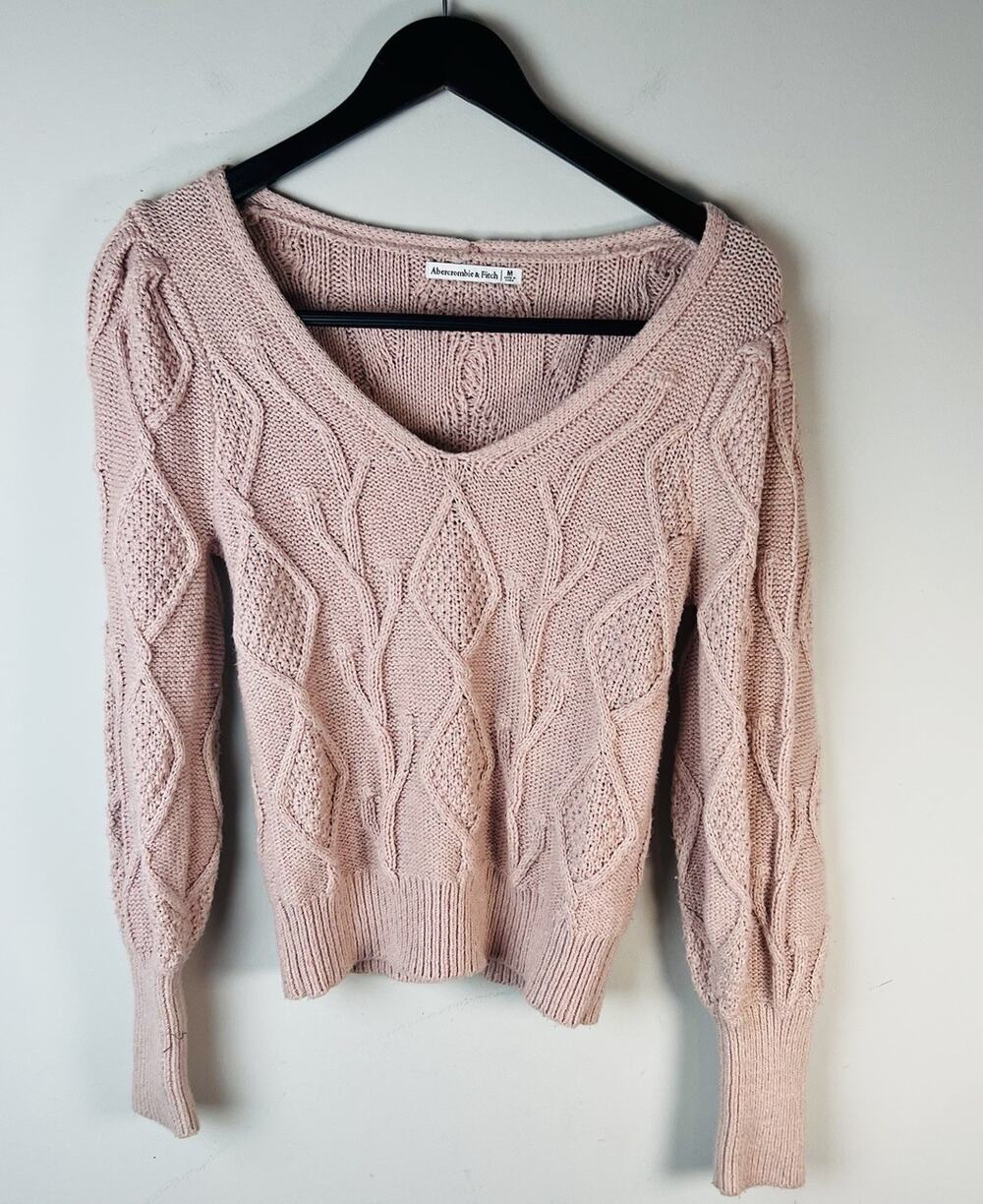 Abercrombie & Fitch Sweater Womens S Pink Cable Knit V Neck Long Puff Sleeve